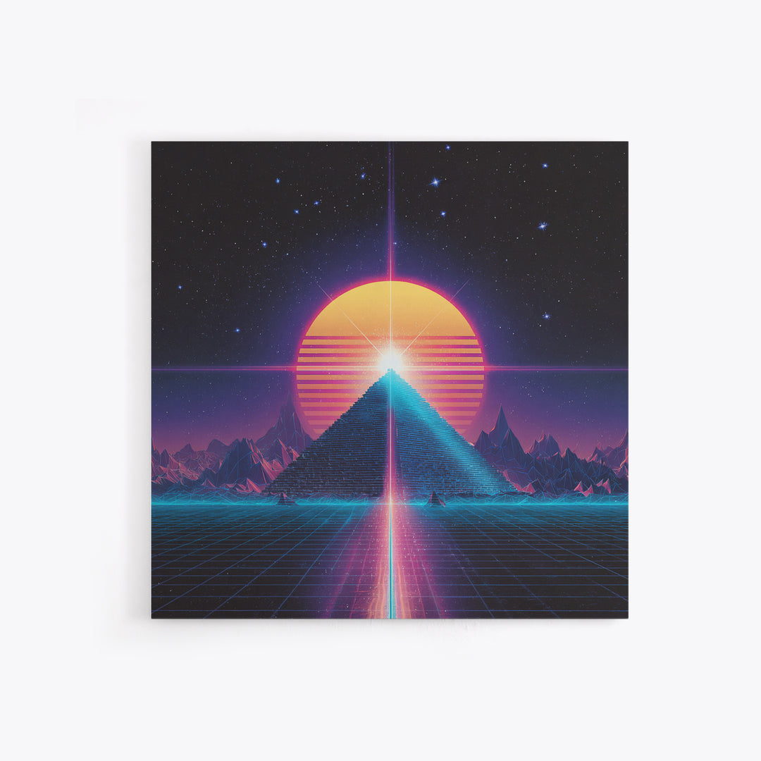 Retro Synthwave Pyramid And Sun Wall Art, Neon 80s Sci Fi Landscape, Vaporwave Gaming Room Decor, Framed Canvas Print