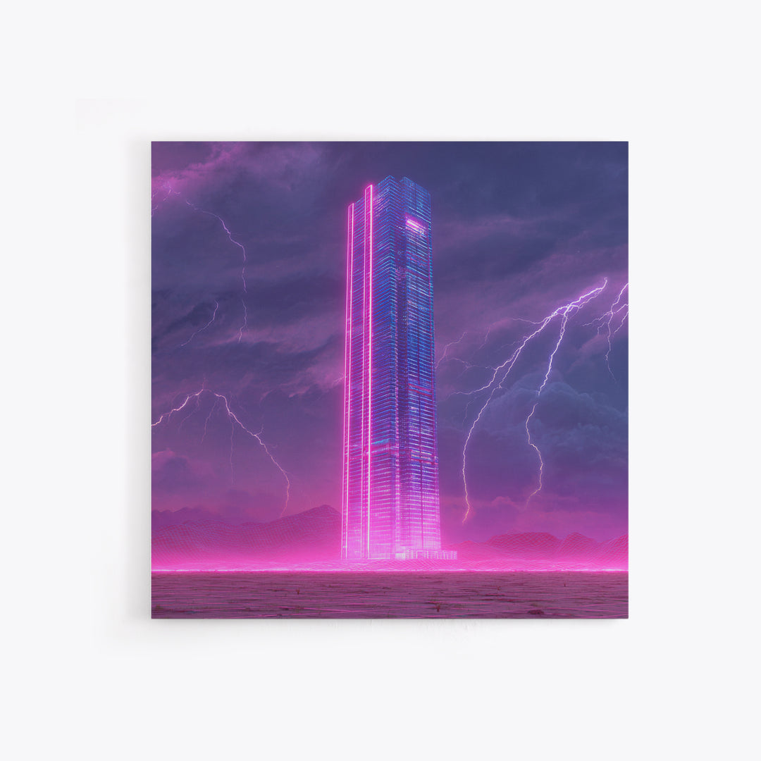 Neon Skyscraper In Storm Futuristic Wall Art, Cyberpunk Cityscape Painting, Sci Fi Modern Art Print, Gaming Room Canvas Print