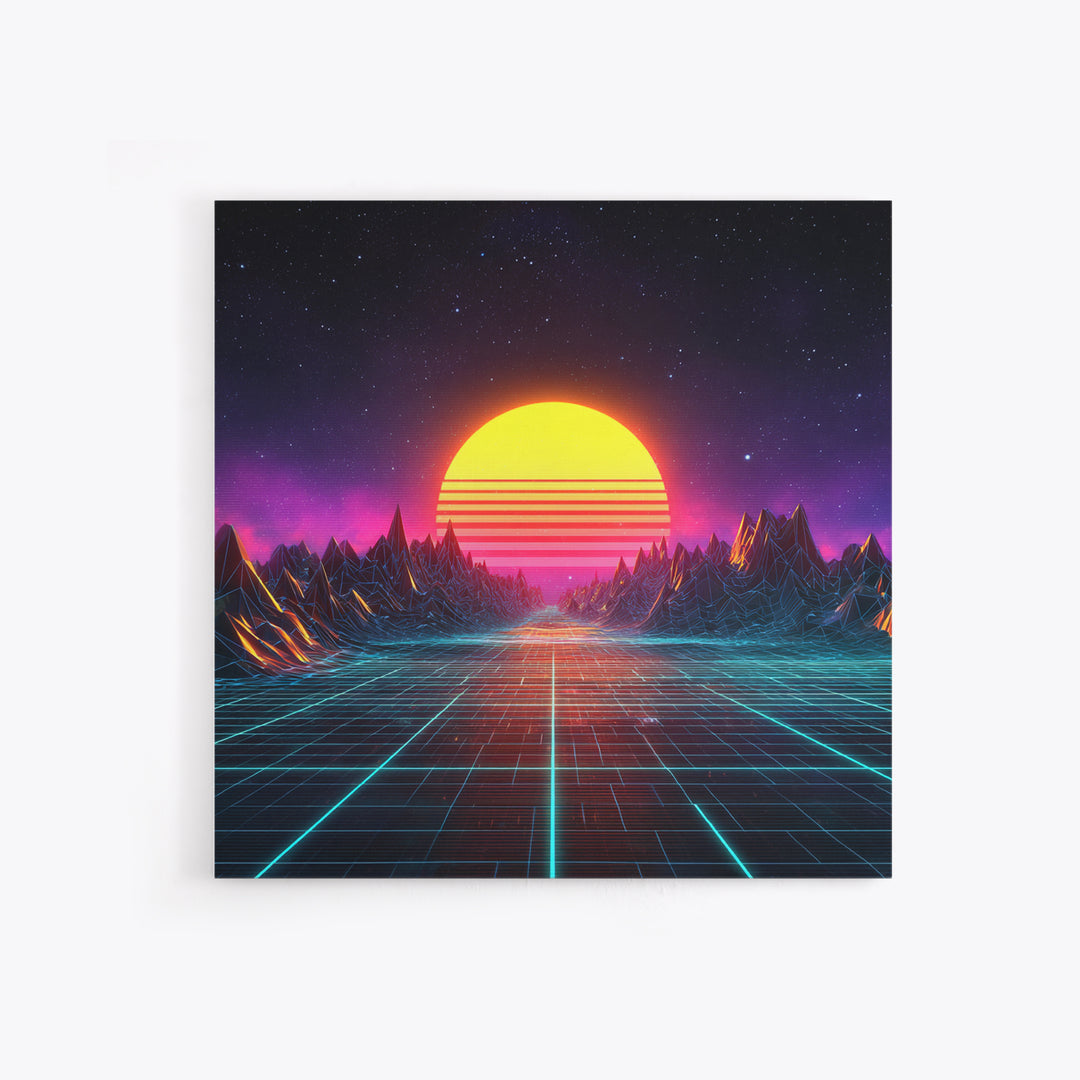 Retro Synthwave Sunset Landscape Canvas Print, Neon Cyberpunk Mountain Road Art, Gaming Room Decor Modern Wall Art