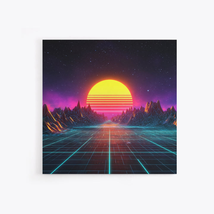 Retro Synthwave Sunset Landscape Canvas Print, Neon Cyberpunk Mountain Road Art, Gaming Room Decor Modern Wall Art