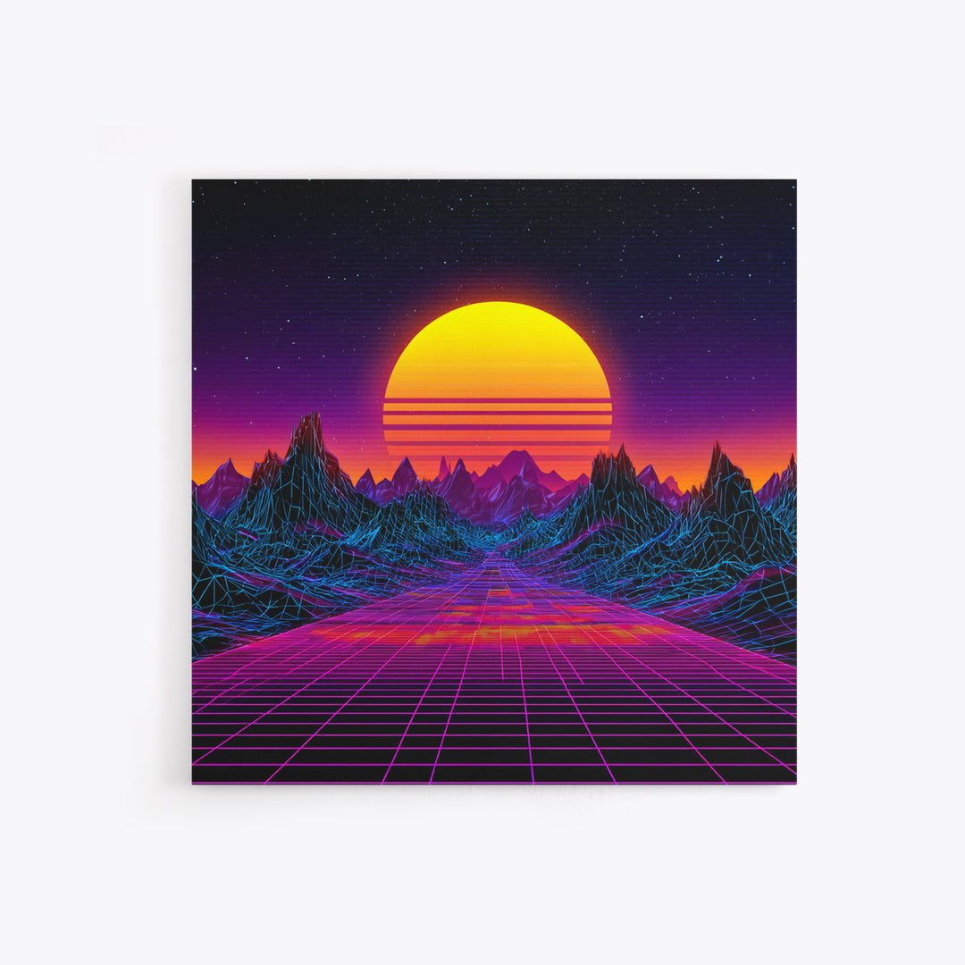 Retro Futuristic Neon Sunset Landscape Wall Art, Synthwave Mountains, 80s Vaporwave Canvas Print Home Decor