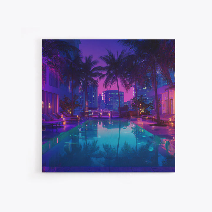 Neon City Rooftop Pool Nightscape Wall Art, Tropical Palm Skyline Print, Modern Urban Apartment Decor Wall Art