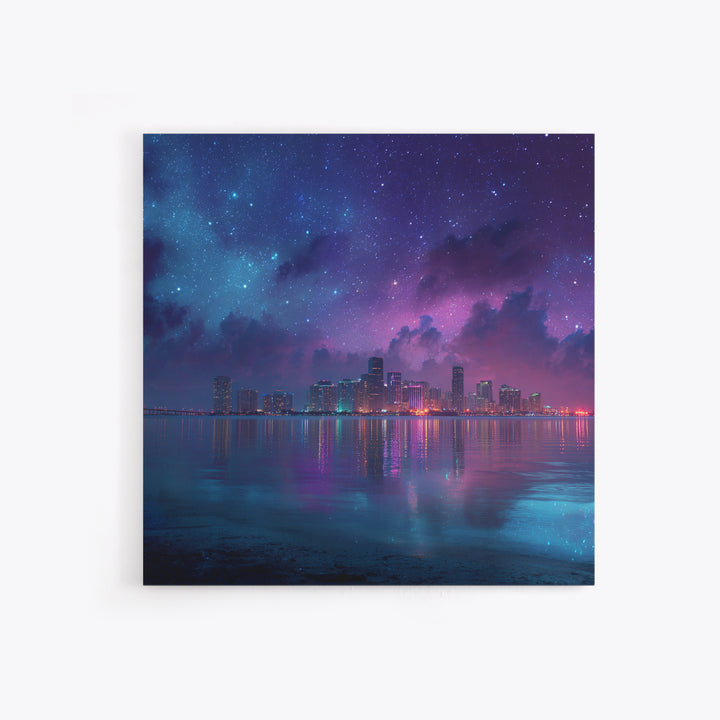 Neon City Skyline Under Starry Night Wall Art, Futuristic Coastal Canvas Print, Modern Apartment Decor