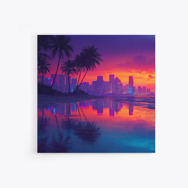 Neon Tropical City Sunset Beach Wall Art, Vibrant Coastal Canvas Print For Modern Living Room Decor And Dorm Aesthetic