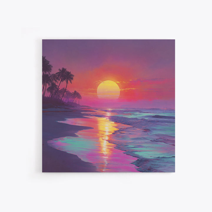 Neon Sunset Beach With Palm Trees Wall Art, Vibrant Coastal Ocean Art Print, Modern Home Decor Living Room Wall Art