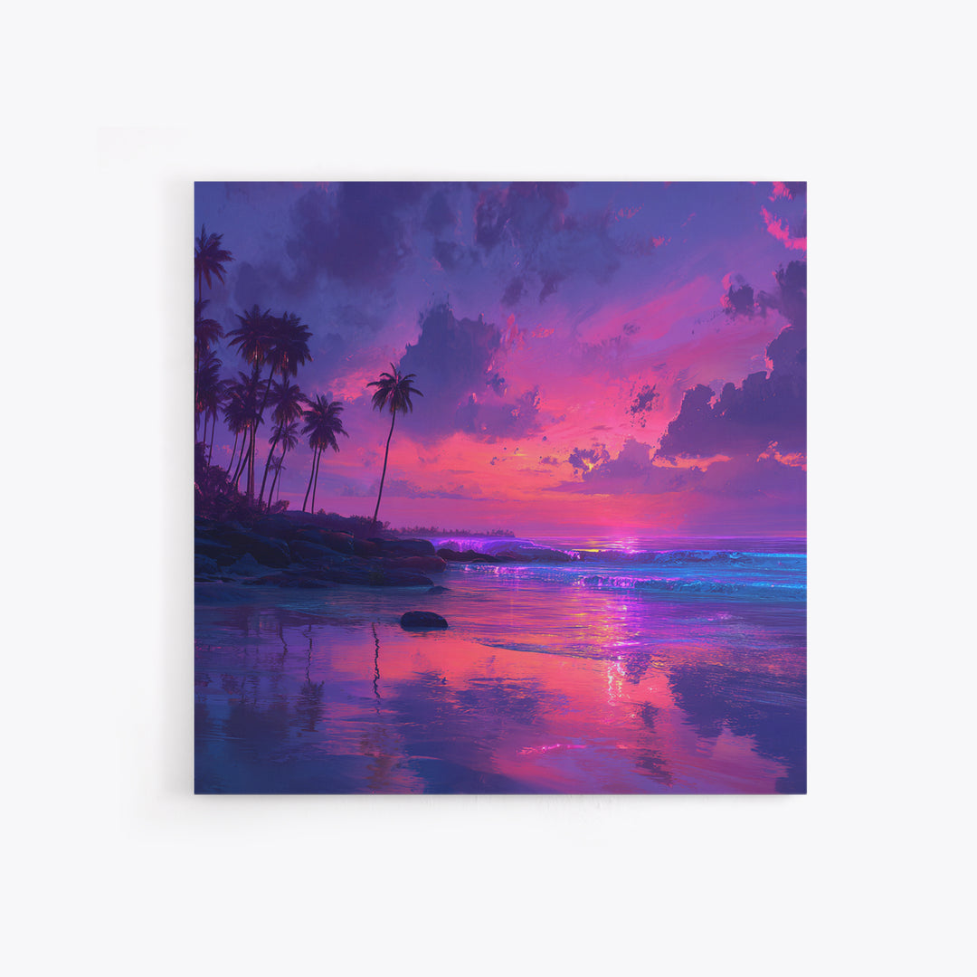 Vibrant Pink And Purple Tropical Seascape Wall Art, Palm Tree Sunset Ocean Landscape Canvas Print Decor