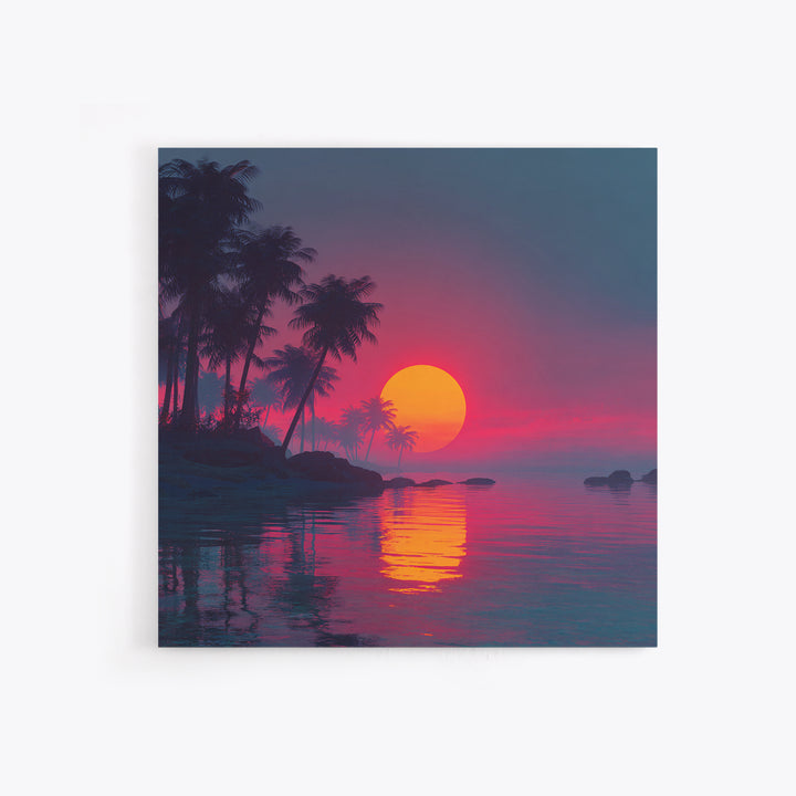 Pink And Teal Tropical Sunset Wall Art, Dreamy Coastal Landscape Canvas Print, Beach House Decor, Modern Ocean Painting