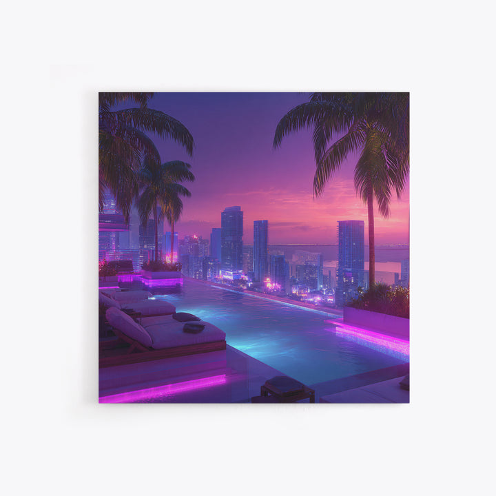 Neon City Rooftop Pool At Dusk Wall Art, Futuristic Skyline Canvas Print For Modern Apartment Decor And Gaming Room