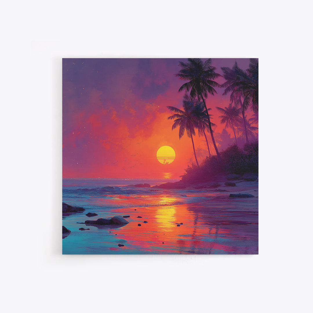 Vibrant Tropical Sunset Beach Wall Art, Colorful Palm Tree Ocean Canvas Print, Coastal Decor, Relaxing Summer Seascape
