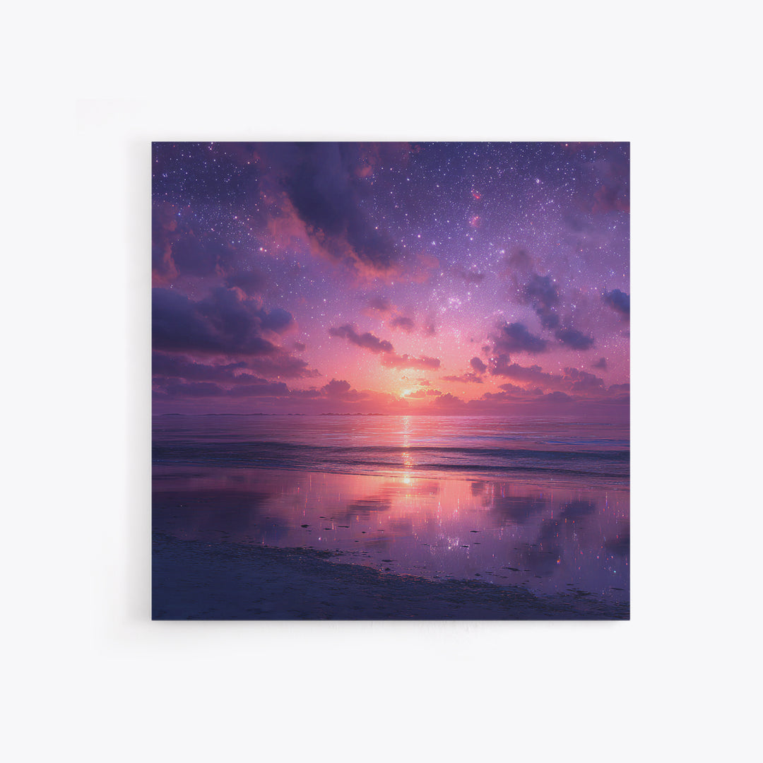Dreamy Starlit Ocean Sunset Wall Art, Purple Night Sky Seascape Canvas Print, Calming Coastal Decor, Bedroom Artwork