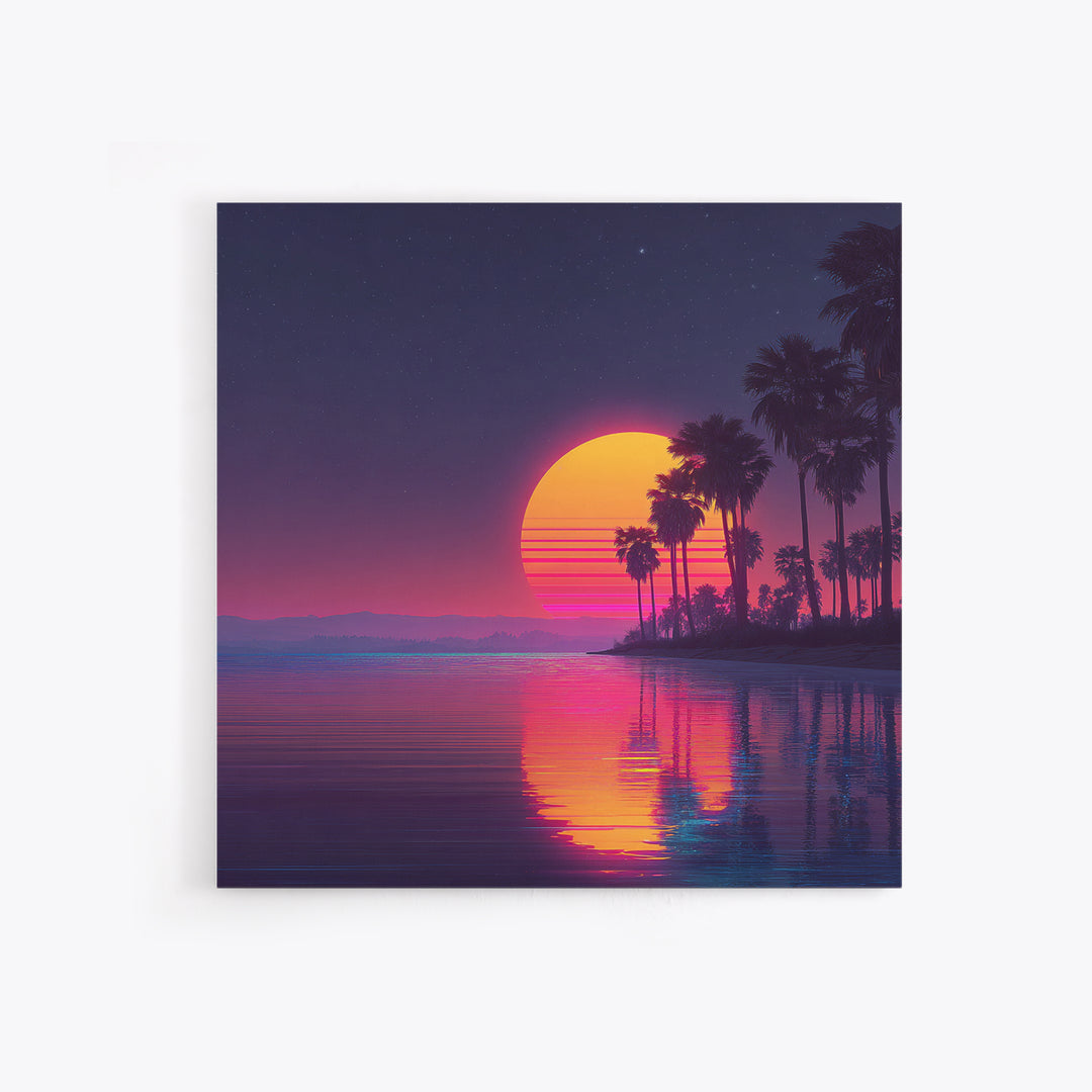 Neon Palm Tree Sunset Over Tropical Beach Wall Art, Retro Coastal Home Decor, Modern Landscape Art Print, Living Room Decor