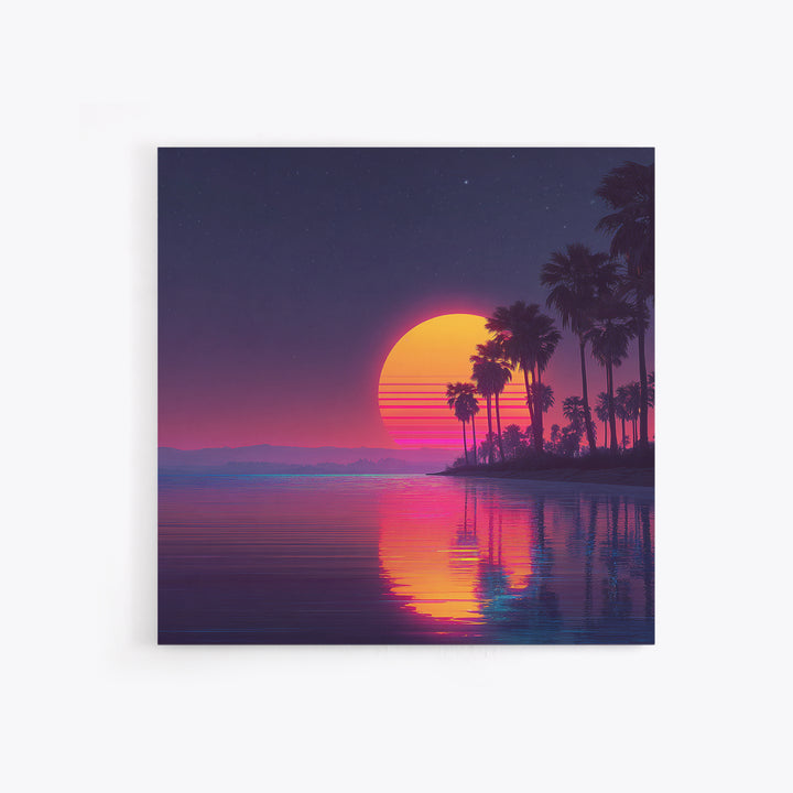 Neon Palm Tree Sunset Over Tropical Beach Wall Art, Retro Coastal Home Decor, Modern Landscape Art Print, Living Room Decor