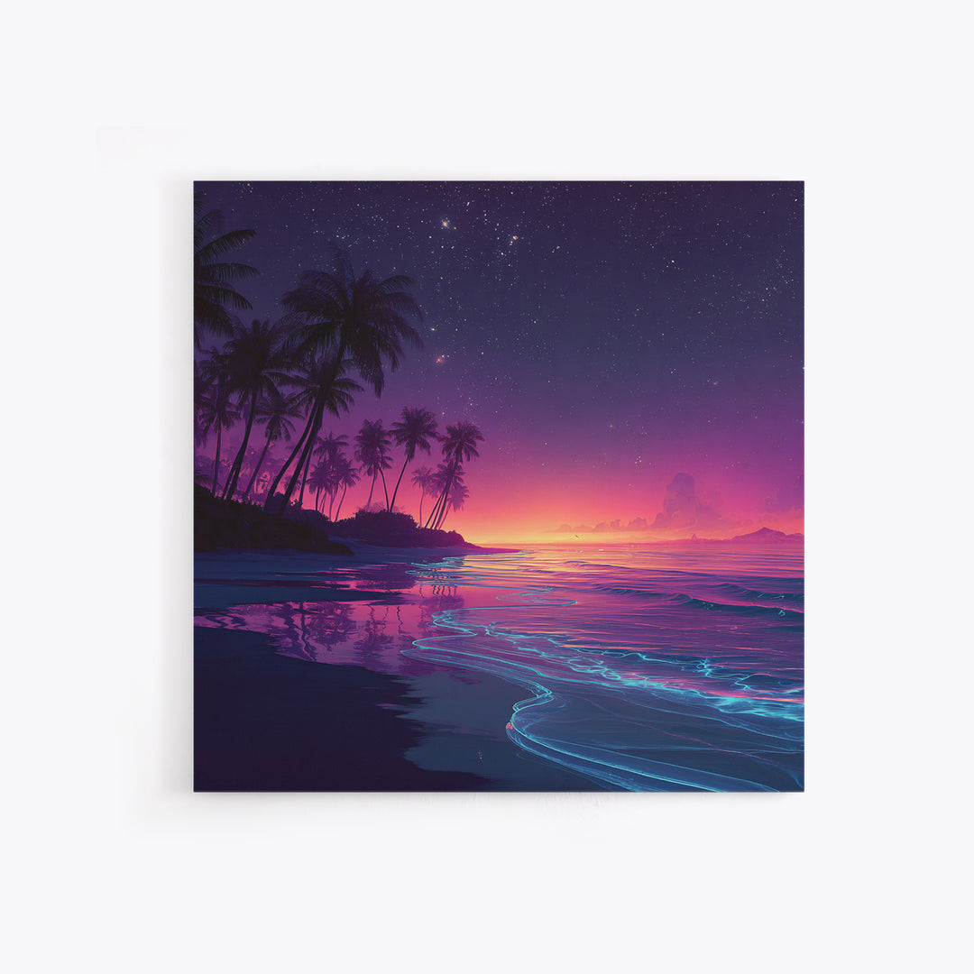 Neon Night Beach With Palm Trees Canvas Print, Dreamy Coastal Ocean Wall Art, Retro Tropical Bedroom And Living Room Decor