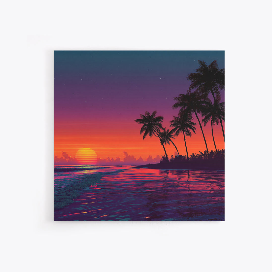 Neon Tropical Sunset Beach With Palm Trees Canvas Print, Coastal Wall Art, Colorful Ocean Art, Modern Home Decor Living Room