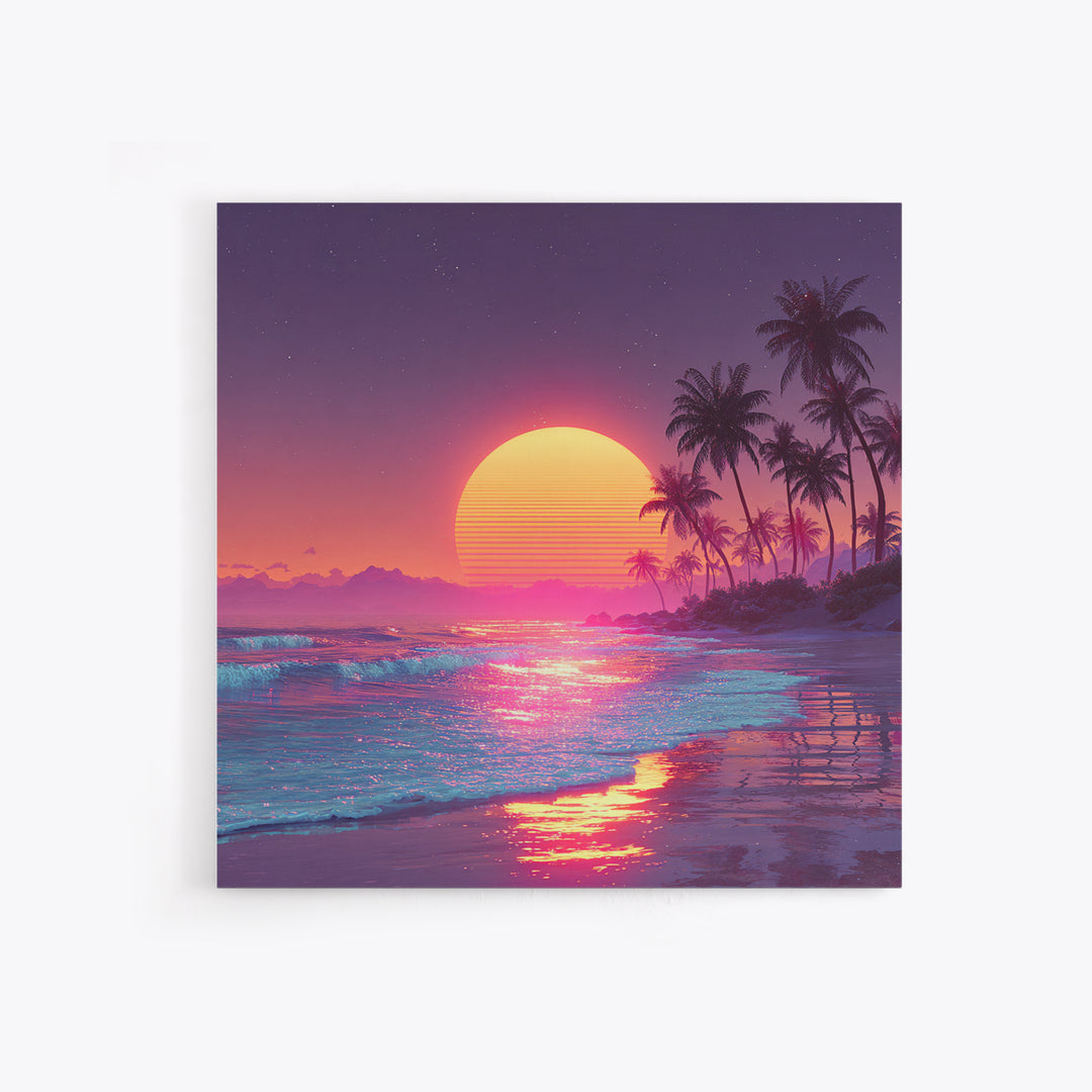 Pink Neon Beach Sunset Wall Art, Dreamy Vaporwave Ocean Canvas Print, Retro Coastal Landscape Art For Bedroom Or Living Room Decor