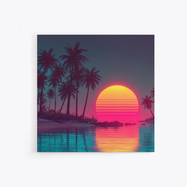 Neon Tropical Palm Trees And Retro Sunset Beach Wall Art, Vaporwave Coastal Canvas Print, Aesthetic Room Decor