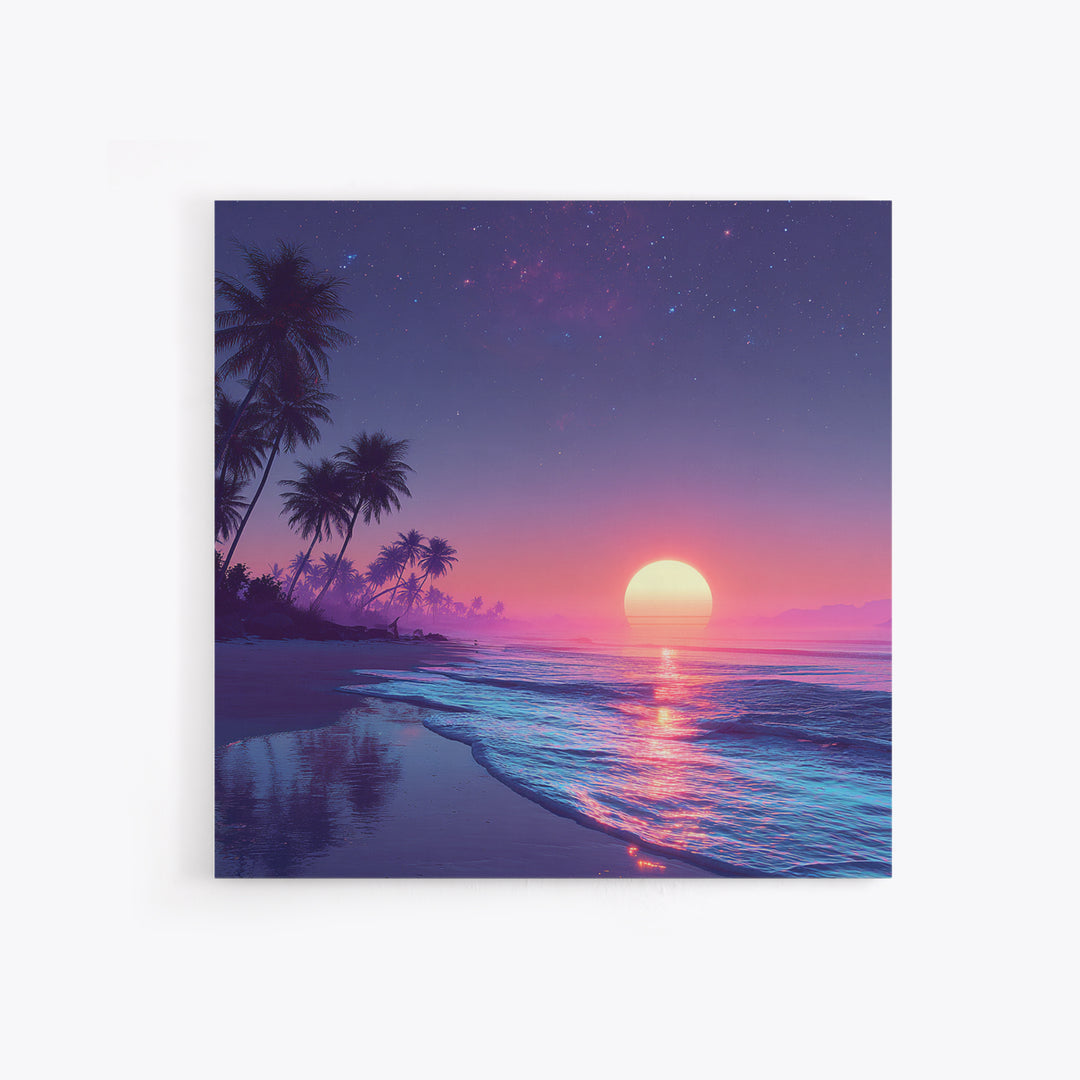 Tropical Neon Sunset Beach Wall Art, Palm Tree Coastal Landscape Print, Colorful Summer Home Decor Canvas Print