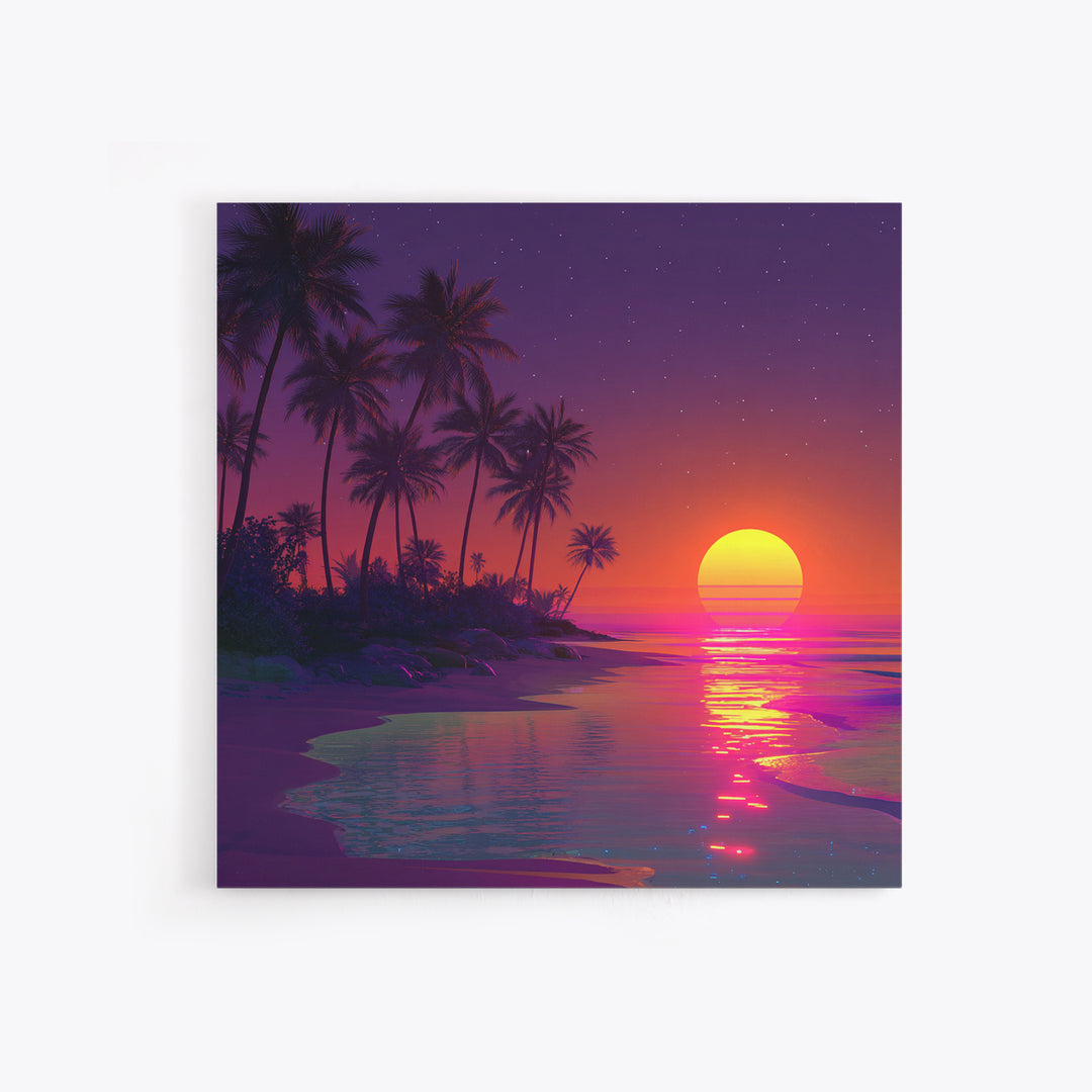 Neon Tropical Sunset Beach Wall Art, Retro Coastal Canvas Print, Summer Ocean Decor, Vibrant Modern Coastal Wall Art