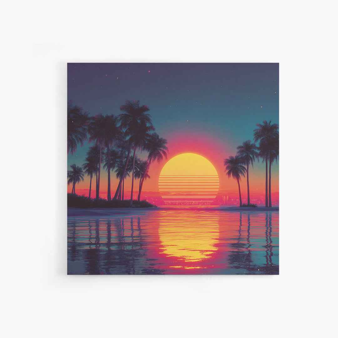 Dreamy Neon Palm Tree Sunset Beach Wall Art, Retro Coastal Landscape, Vibrant Summer Canvas Print Decor