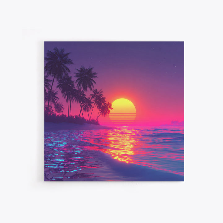Neon Pink Beach Sunset Wall Art, Tropical Palm Tree Ocean Horizon Canvas Print, Coastal Summer Decor, Vibrant Seascape