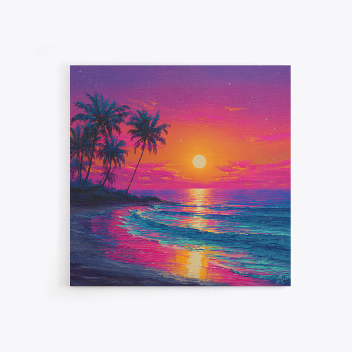 Vibrant Moonrise Beach Canvas Print, Colorful Tropical Ocean Wall Art, Coastal Sunset Painting For Bedroom Or Beach House