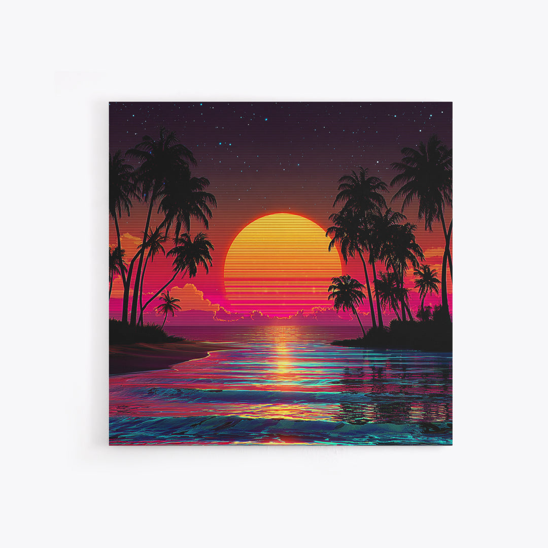 Neon Tropical Sunset Beach With Palm Trees Wall Art, Retro Coastal Print, Vibrant Summer Home Decor, Modern Canvas Print