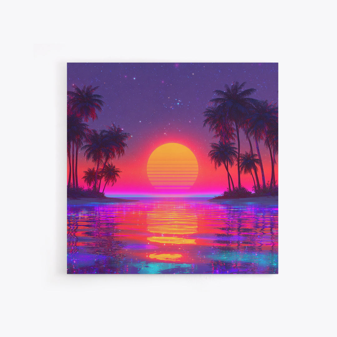 Vibrant Neon Tropical Sunset Beach Wall Art, Retro Wave Palm Landscape Canvas Print, Colorful Coastal Room Decor