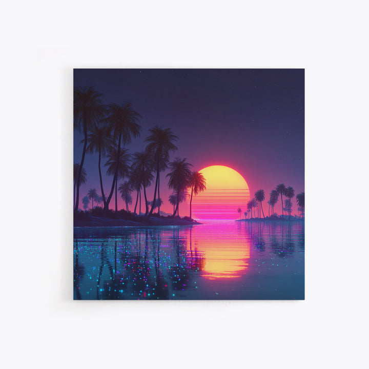 Sparkling Lagoon Neon Sunset With Palm Trees Wall Art, Retro Tropical Home Decor, Colorful Coastal Canvas Print