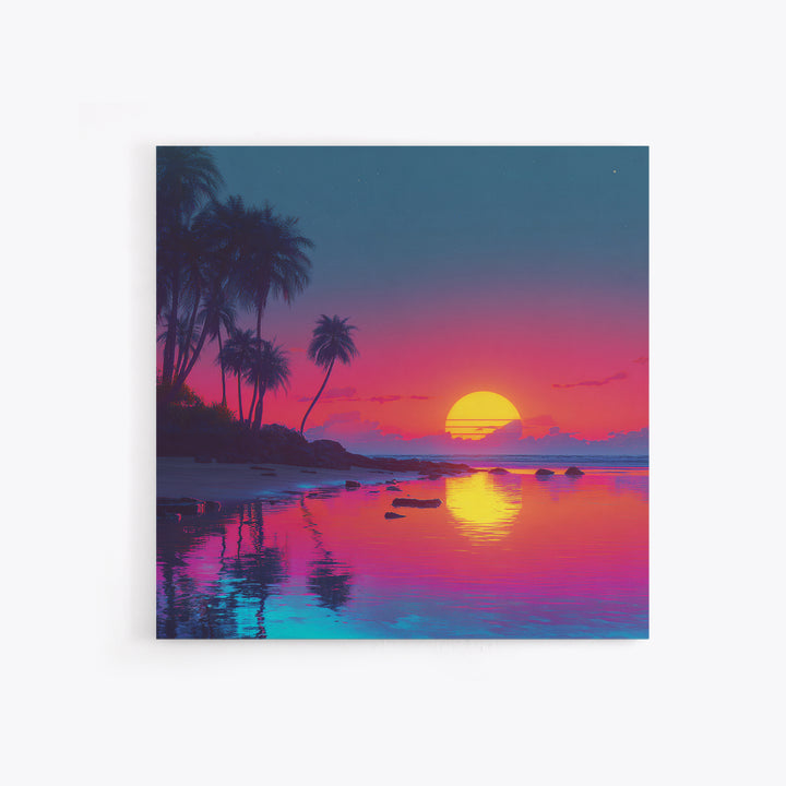 Neon Tropical Sunset Beach Wall Art, Vibrant Coastal Landscape Art Print, Modern Coastal Decor Canvas Print For Living Room