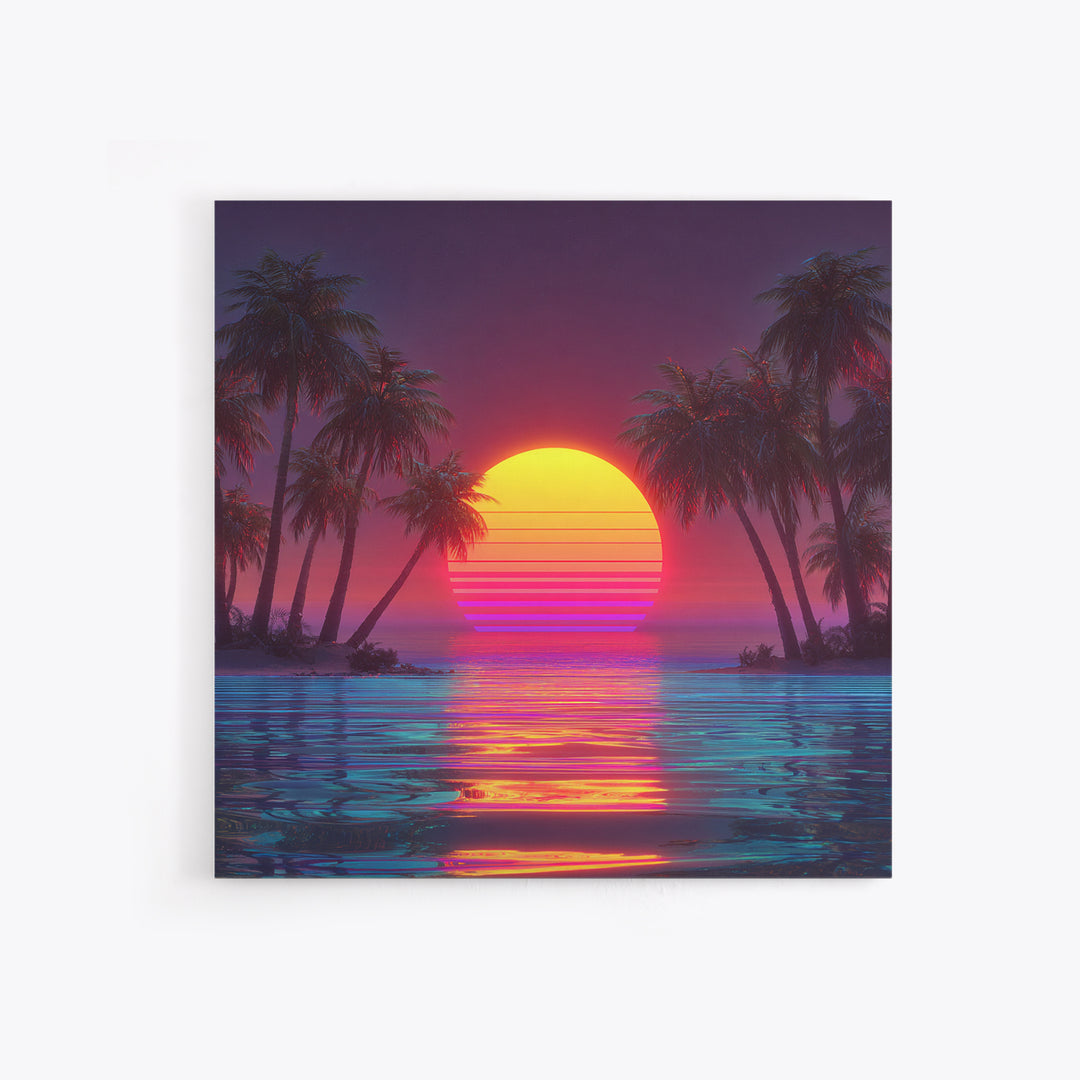 Vaporwave Tropical Sunset Beach Wall Art Canvas Print, Neon Coastal Landscape For Gaming Room And Modern Home Decor