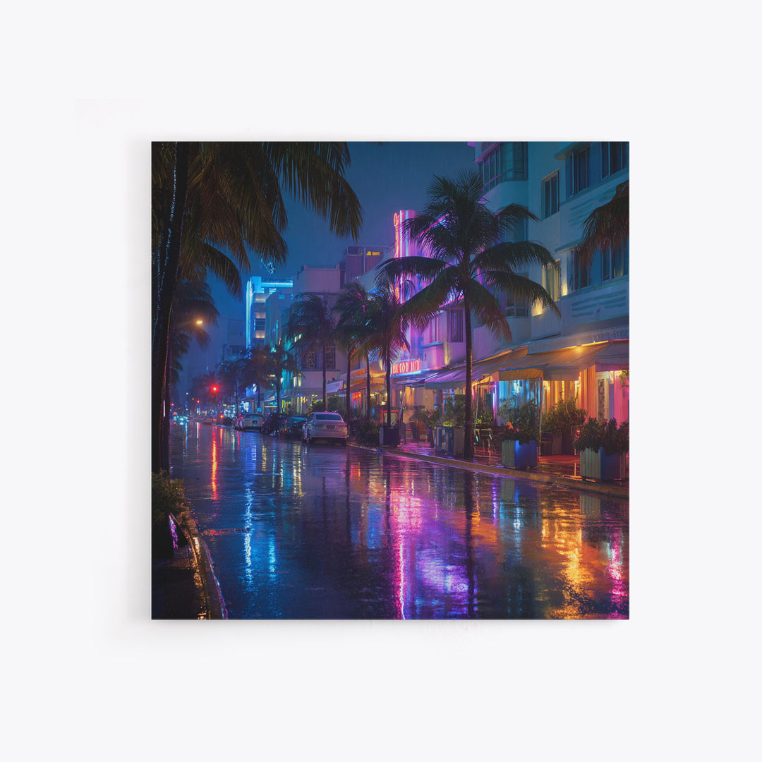 Neon Rainy City Street At Night Wall Art, Colorful Modern Urban Photography Print, Living Room Decor, Large Canvas Print