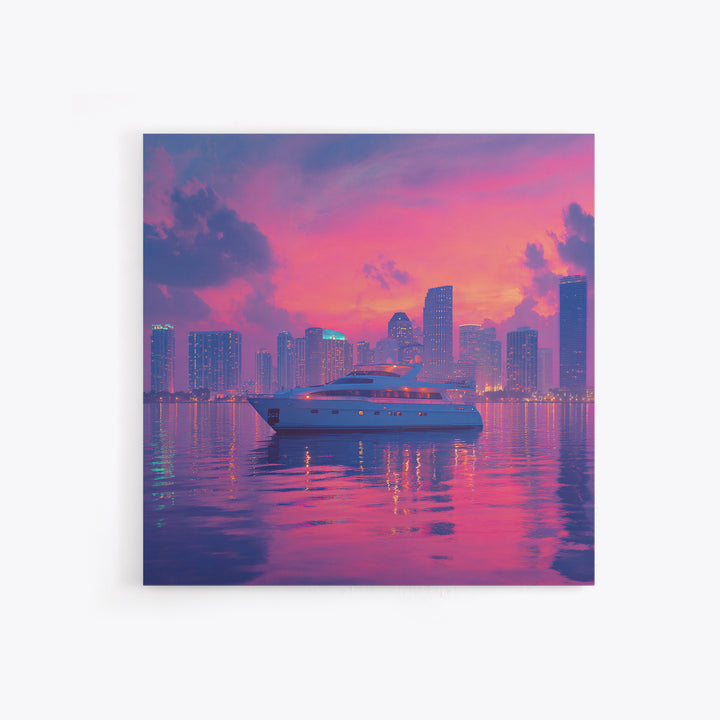 Luxury Yacht City Skyline At Sunset Wall Art, Modern Coastal Cityscape Canvas Print, Pink Sky Nautical Decor For Office Or Living Room