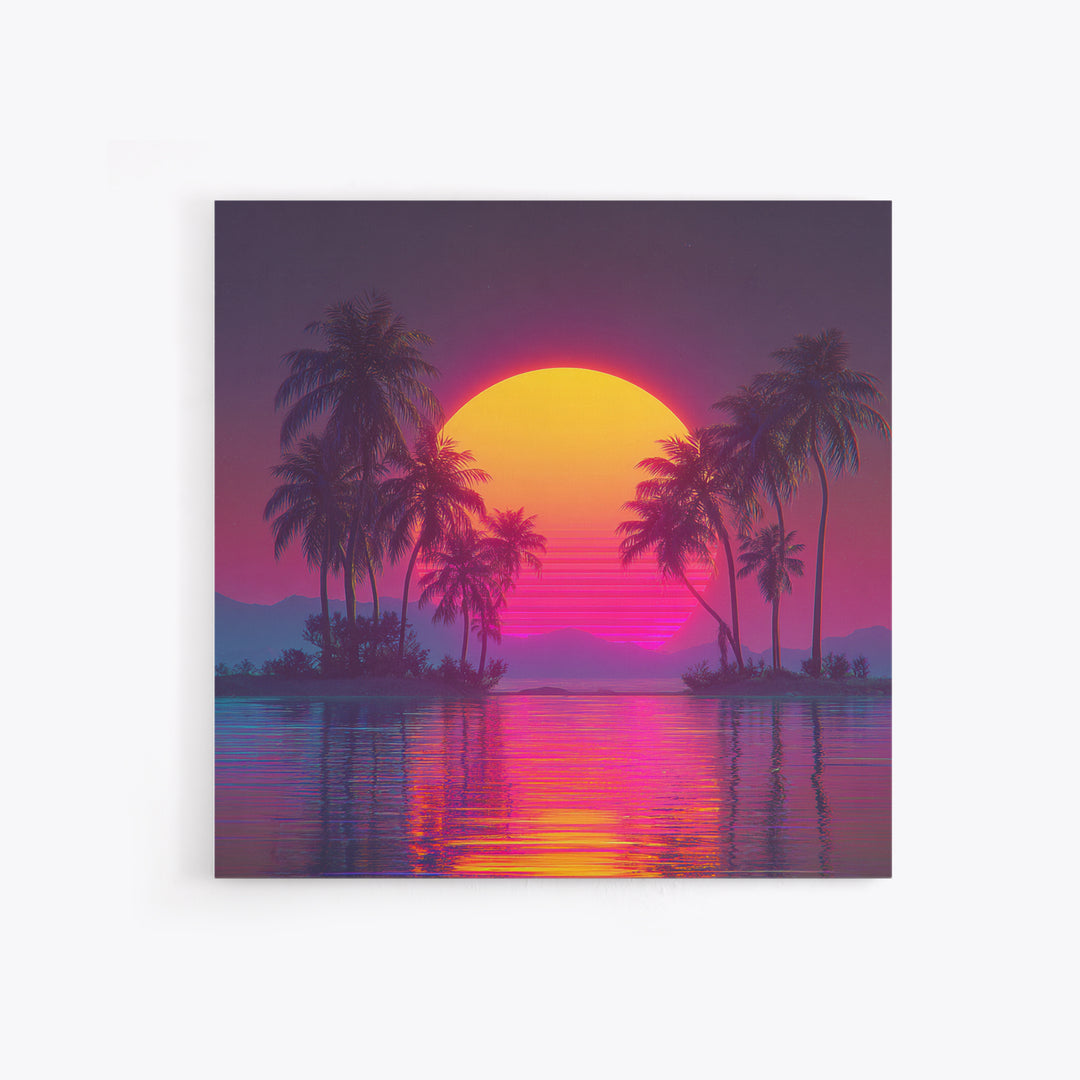 Neon Tropical Island Sunset Wall Art, Retro Synthwave Beach Landscape, Vibrant Coastal Decor, Modern Living Room Canvas Print
