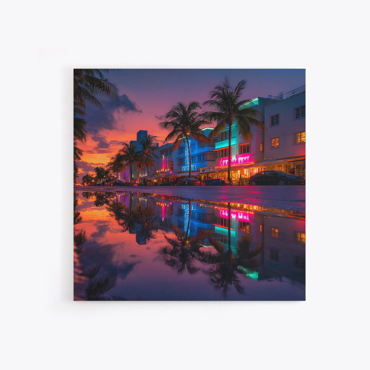 Miami Neon Night Cityscape Wall Art, Colorful South Beach Photography Print, Modern Urban Wall Decor Framed Canvas Print