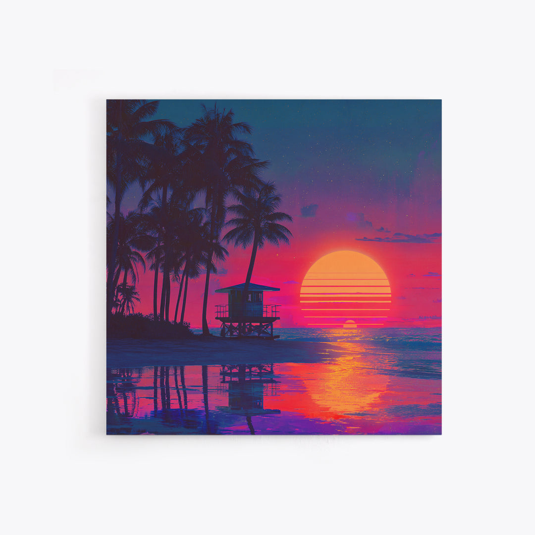 Tropical Neon Sunset Beach Canvas Print, Retro Coastal Wall Art, Palm Tree Ocean Decor Vibrant Living Room Wall Art
