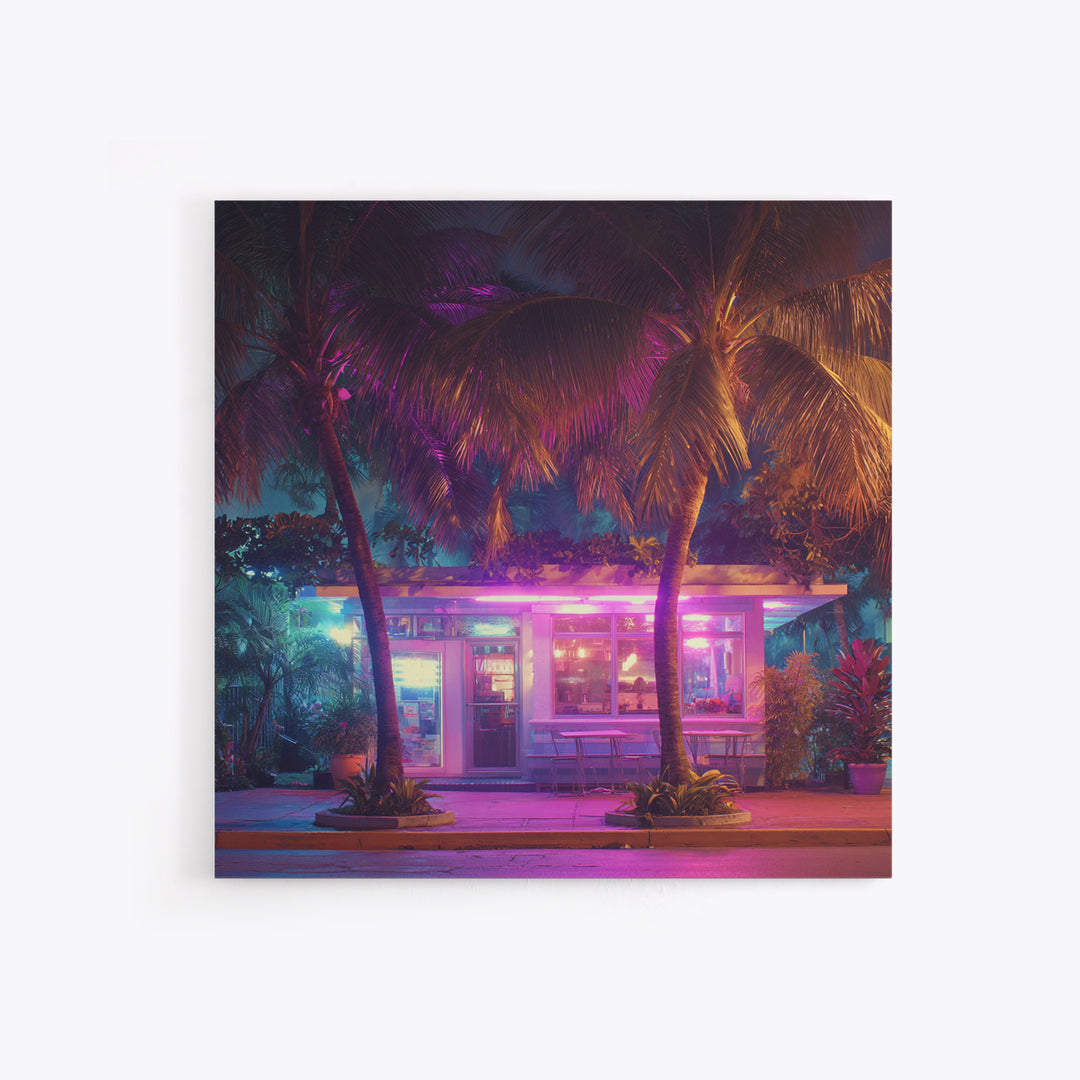 Neon Palm Tree Diner Night Scene Wall Art, Retro Tropical City Photography Canvas Print For Modern Urban Home Decor