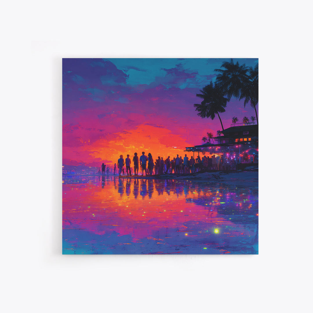 Neon Beach Sunset Party Wall Art, Colorful Coastal Canvas Print, Retro Futuristic Ocean Art, Summer Vibes Living Room Decor