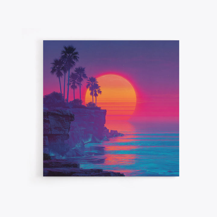 Neon Tropical Sunset Cliff Wall Art, Retro Coastal Ocean Canvas Print For Modern Coastal Decor And Vibrant Living Room