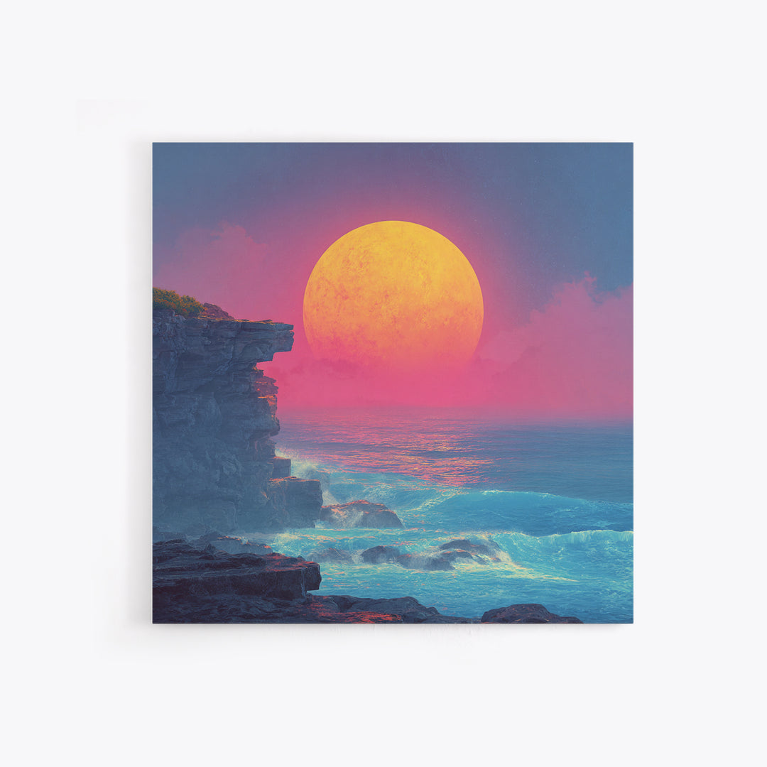 Surreal Neon Moon Over Ocean Cliff Painting Wall Art, Colorful Fantasy Seascape Print, Modern Coastal Abstract Decor