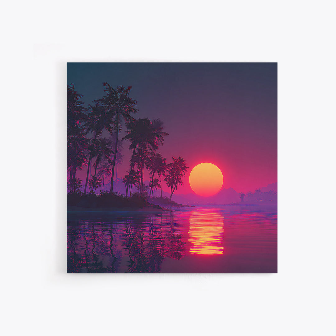 Neon Tropical Sunset Palm Tree Beach Wall Art, Vibrant Retro Coastal Landscape Canvas Print Home Decor