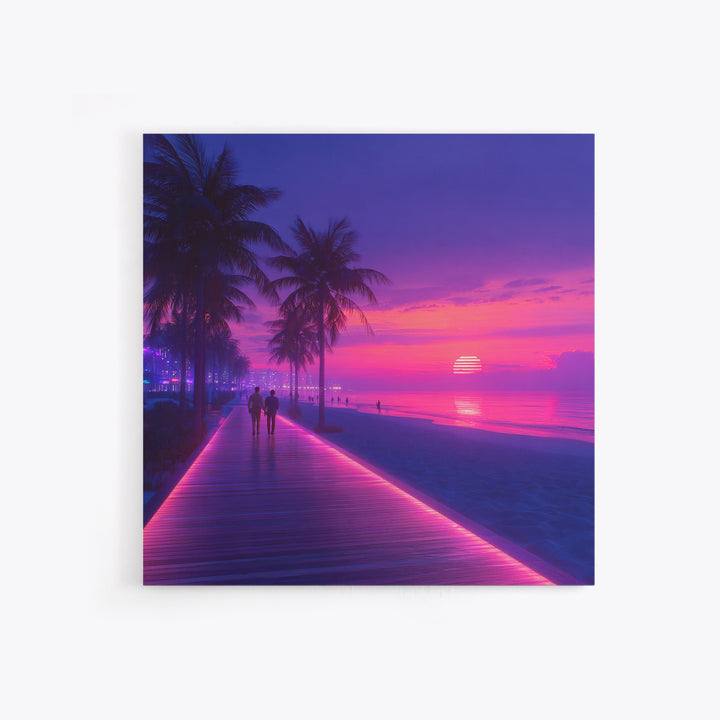Neon Pink Boardwalk Beach Sunset Wall Art Retro Coastal Vibes Colorful Modern Home Decor Large Canvas Print Living Room Wall Art