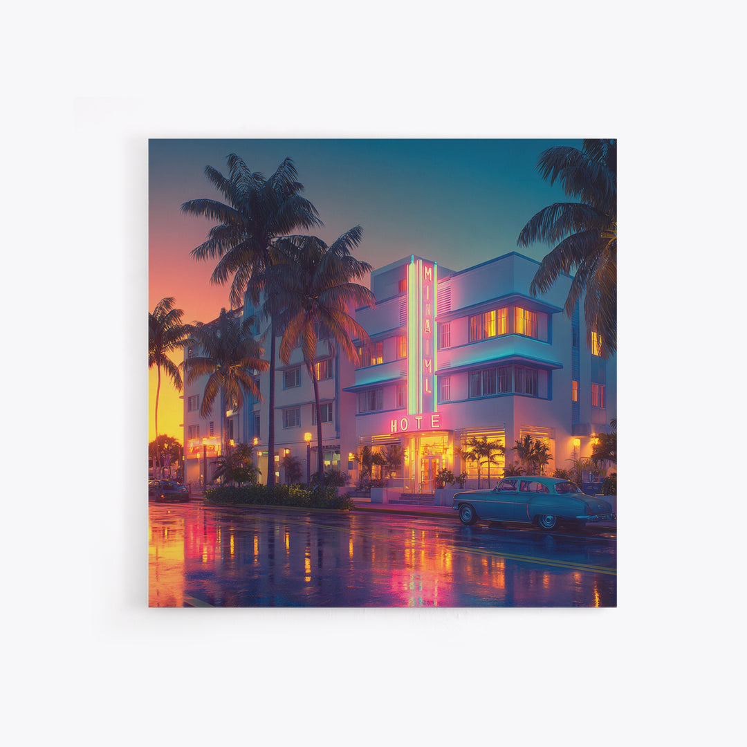 Miami Art Deco Hotel Night Cityscape Wall Art, Neon Coastal Canvas Print, Retro Urban Home Decor For Living Room