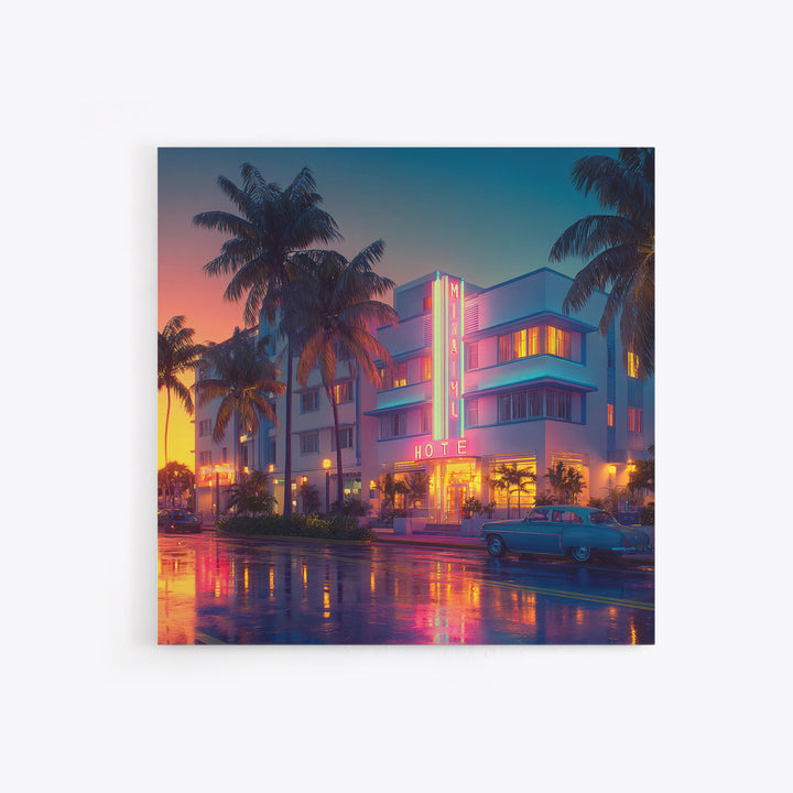 Miami Art Deco Hotel Night Cityscape Wall Art, Neon Coastal Canvas Print, Retro Urban Home Decor For Living Room
