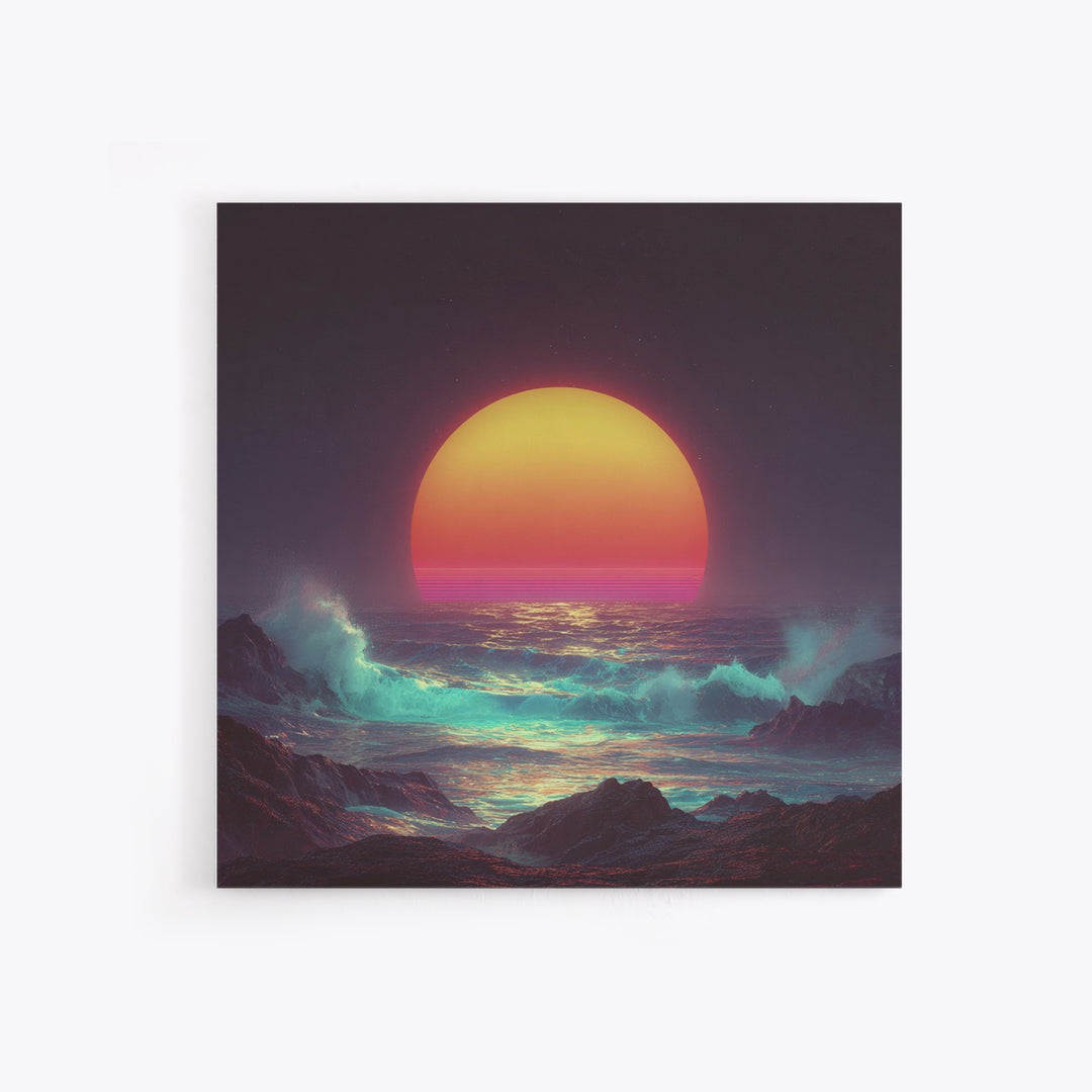 Vibrant Neon Ocean Sunset Waves Night Sky Wall Art Canvas Print Modern Coastal Decor Beach House Living Room Wall Art