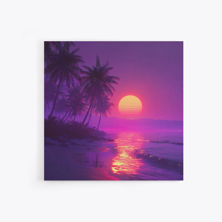 Neon Tropical Beach Sunset Wall Art, Vaporwave Palm Trees Canvas Print, Coastal Retro Ocean Art For Bedroom Or Living Room Decor