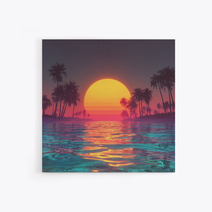 Neon Sunset Palm Beach Wall Art For Coastal Home Decor, Retro Tropical Ocean Canvas Print, Modern Coastal Wall Art