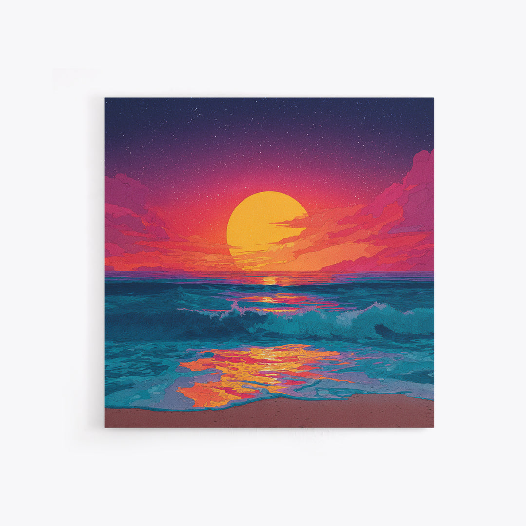 Colorful Ocean Sunset Waves Wall Art, Retro Beach Canvas Print, Modern Coastal Decor, Vibrant Seascape Living Room Art
