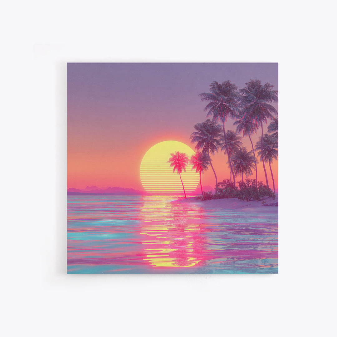 Dreamy Tropical Palm Trees Pink Sunset Beach Canvas Print, Coastal Wall Art, Vaporwave Ocean Decor, Pastel Summer Poster