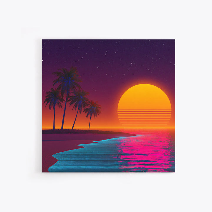 Neon Island Sunset Palm Tree Canvas Print, Retro Tropical Beach Wall Art, Bold Synthwave Coastal Decor, Colorful Bedroom Wall Art
