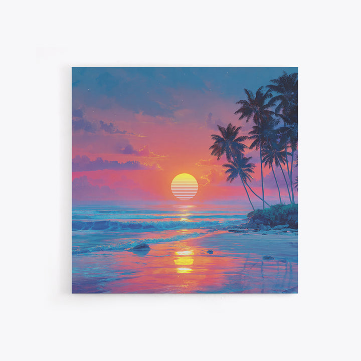 Dreamy Tropical Beach Sunset With Palms Wall Art, Pastel Coastal Canvas Print For Relaxing Modern Home Decor